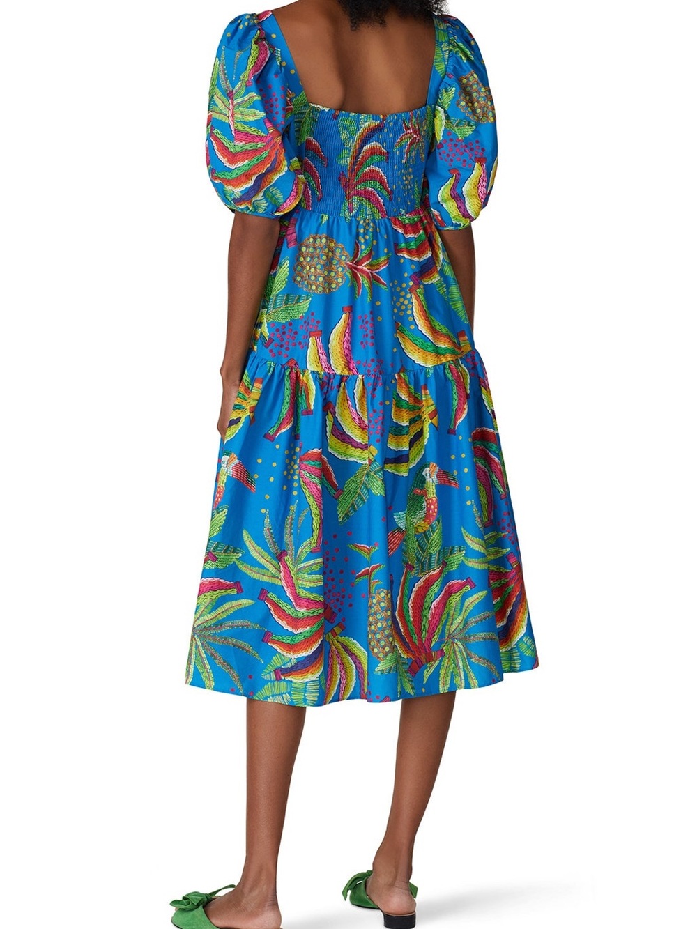 Farm Rio Tropics Tiered Midi Dress Size XS Blue Banana Print Puff Sleeve Cotton - Picture 3 of 15